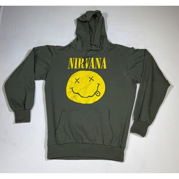 Nirvana Smiley Face Mens Medium Grunge Cobain Green Hoodie Sweatshirt Size - M - Picture 1 of 4